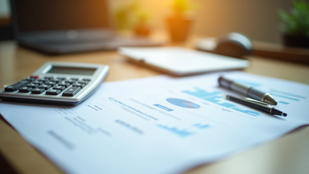 Blurred background of financial documents and calculator showing budget spreadsheet on desk