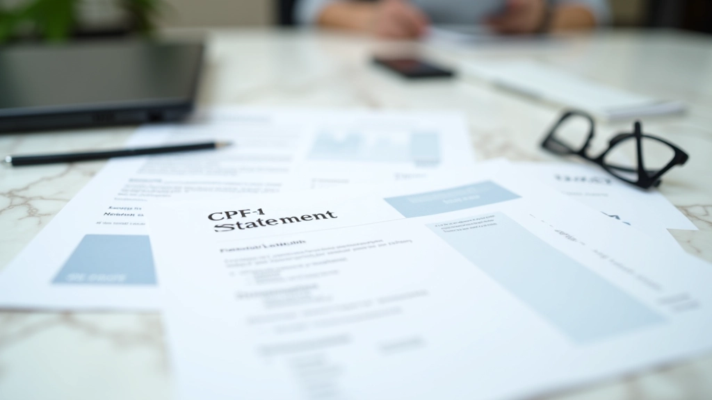 CPF statement and retirement planning documents spread on desk with notes about contribution rates and savings milestones