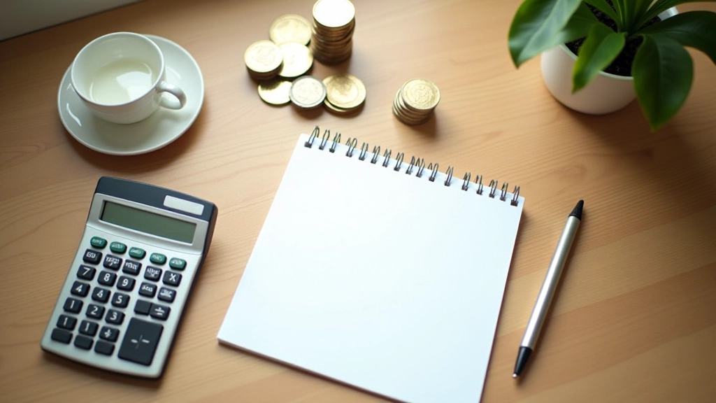 Flat lay of financial planning tools including calculator, notepad with budget categories, and savings coins on wooden table