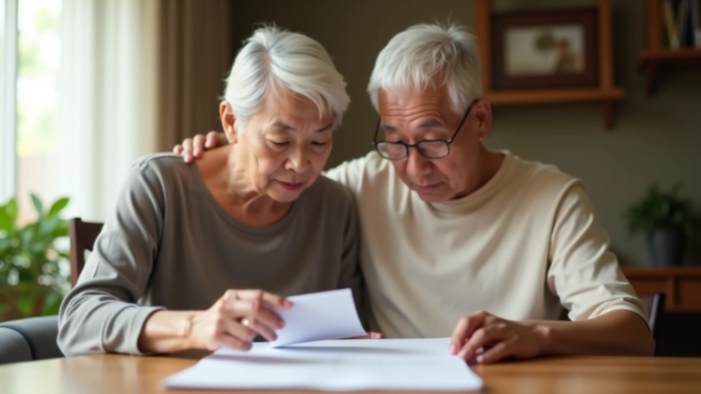Elderly couple reviewing retirement plan documents at home with warm lighting