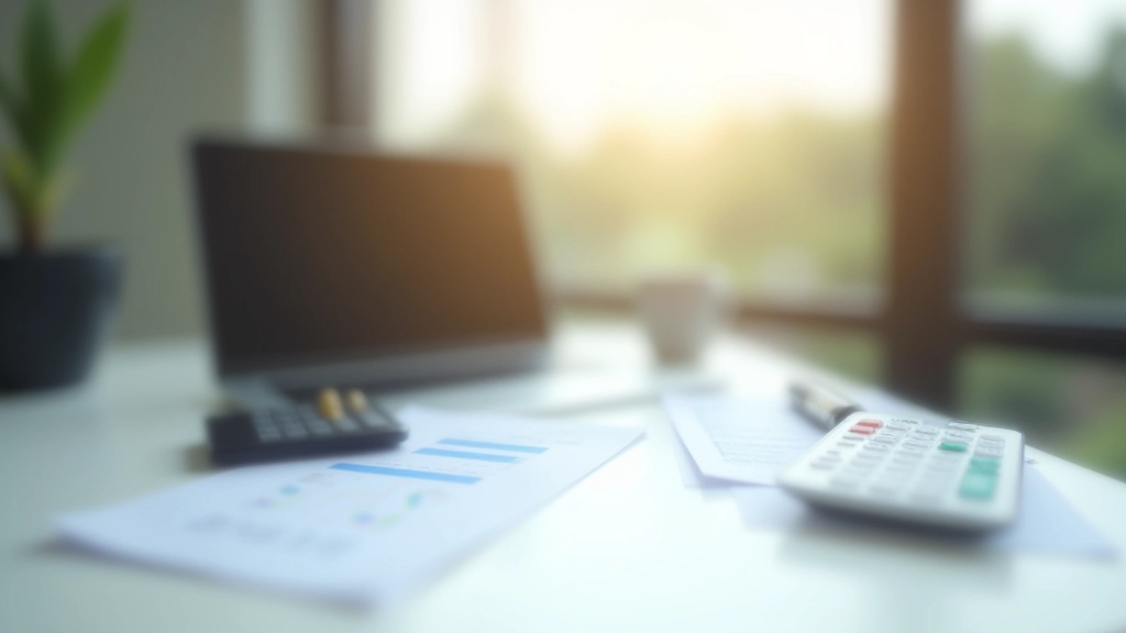 Professional workspace with financial documents and calculator on desk