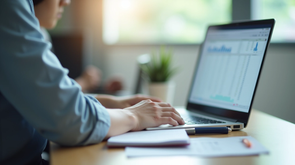 Person typing on laptop at desk with budget tracking application open on screen, notebook beside