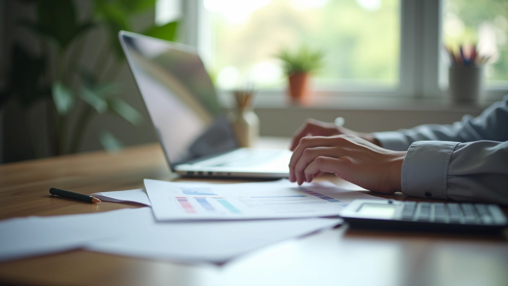 Person using calculator and financial planning tools at home office desk with budget tracking documents and savings goals chart