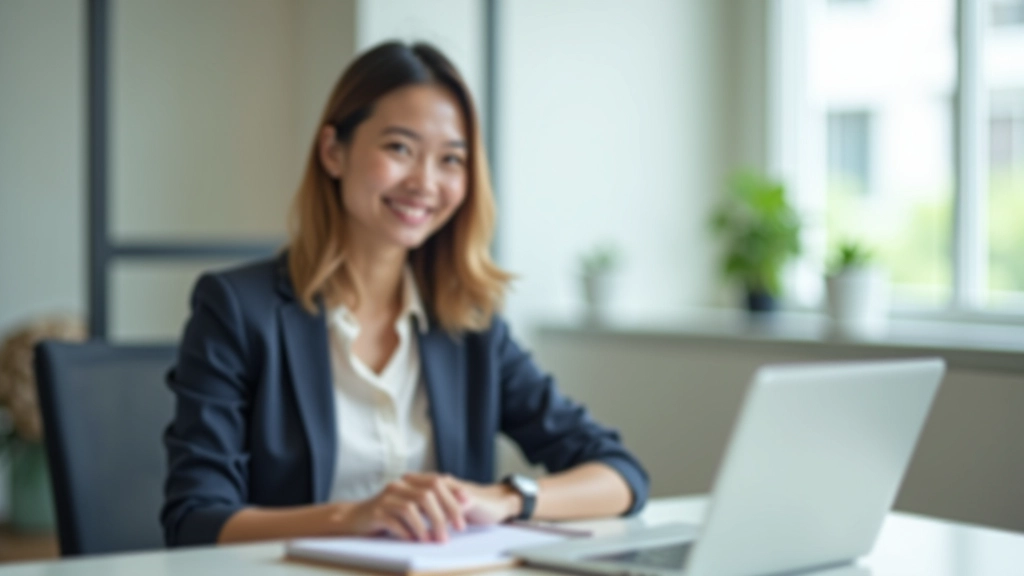 Melissa Tan working at her desk with financial planning documents and a laptop, modern office setting