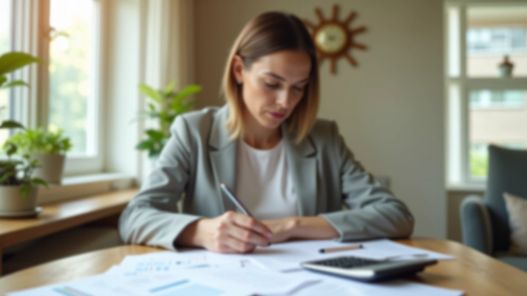 Woman working at desk with financial documents and calculator, planning retirement strategy